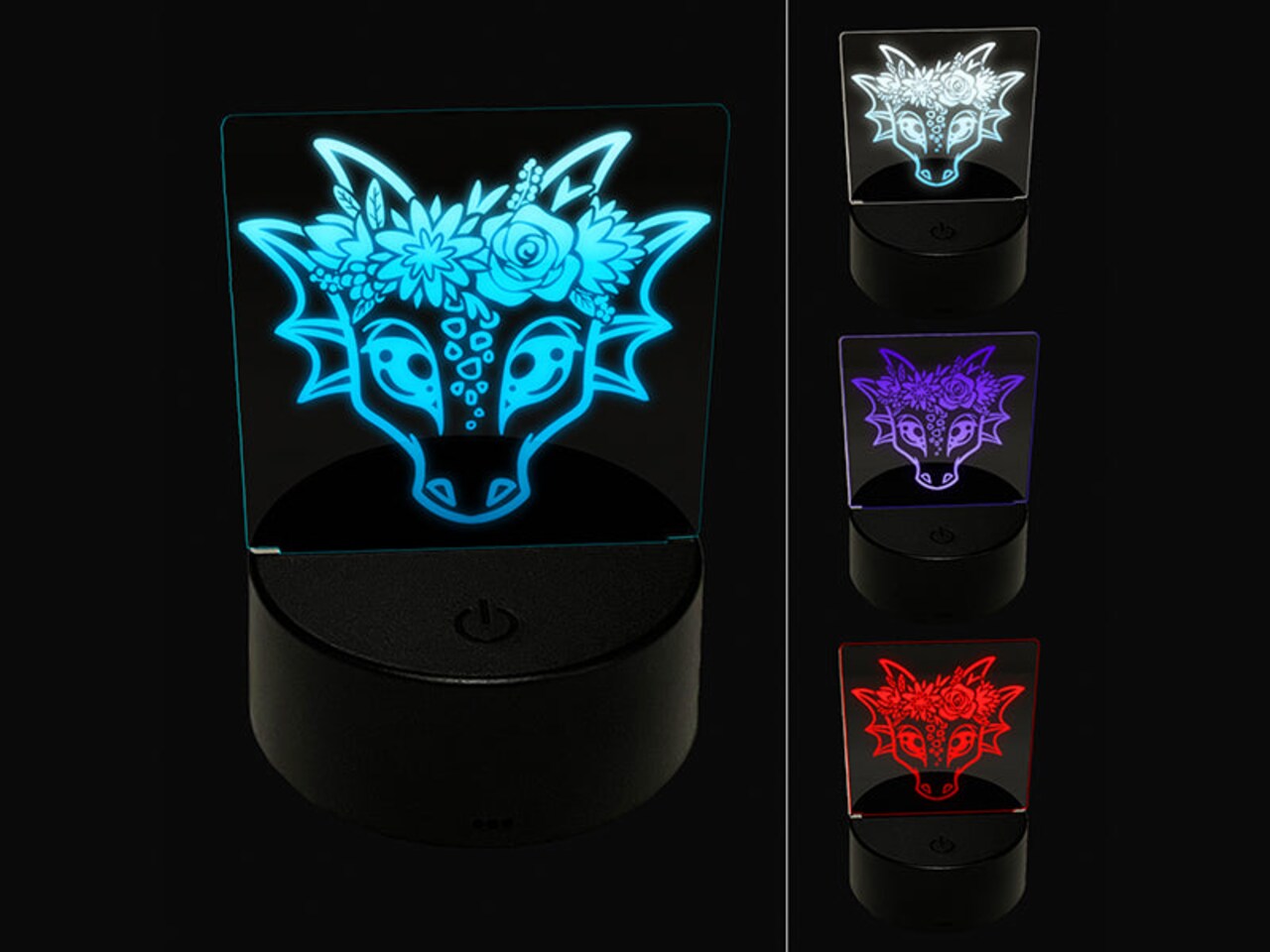 Dragon Wearing a Flower Crown 3D Illusion LED Night Light Sign Nightstand Desk Lamp